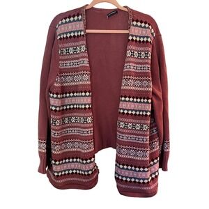 Vintage Knit Cardigan Women's Plus Size 3X Pink Fair Isle Open Front Sweater 90s